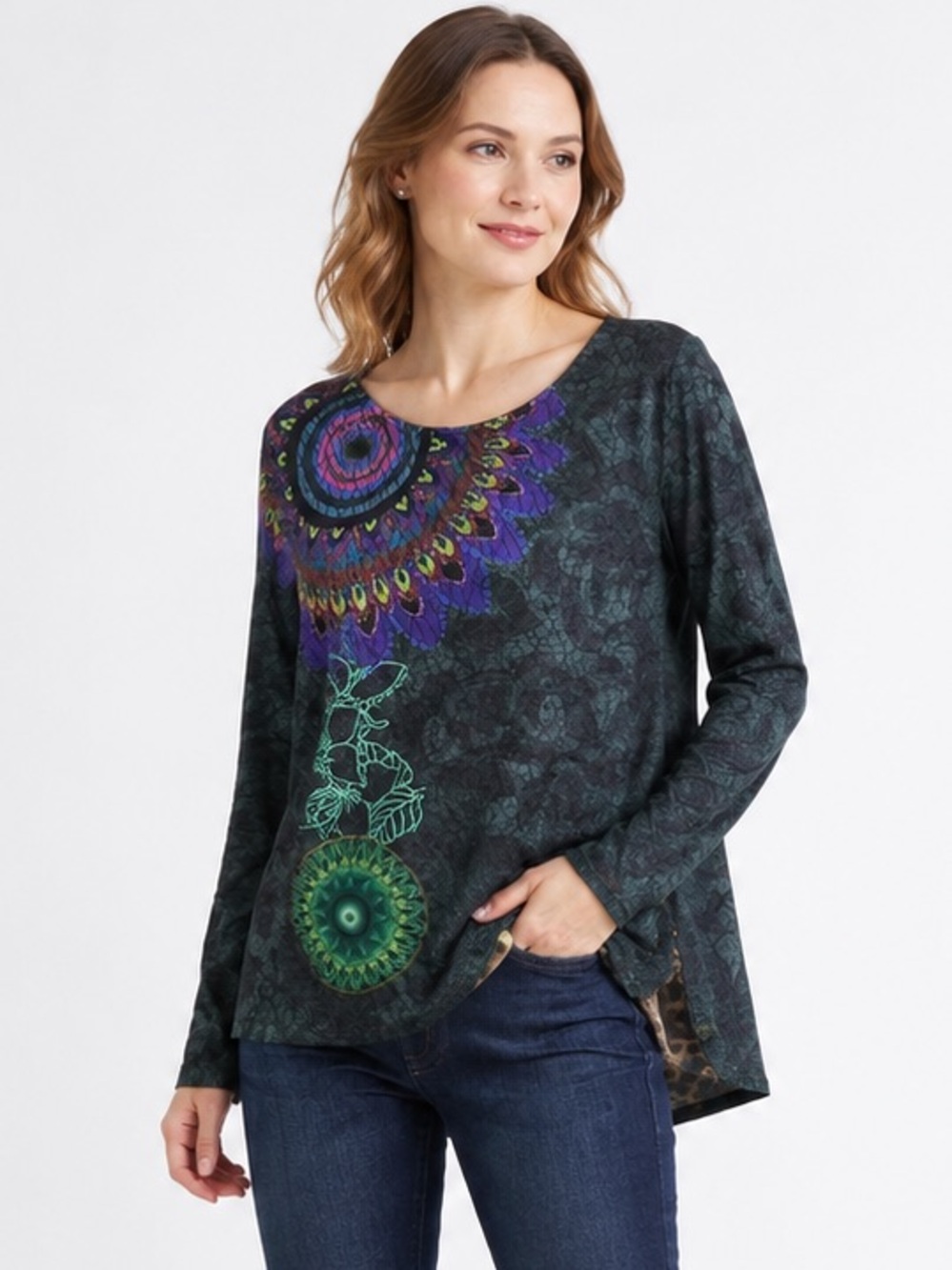 Desigual Y2K Swing Top Small Boho Mandala Hi-Low Leopard Layered Sweater Small